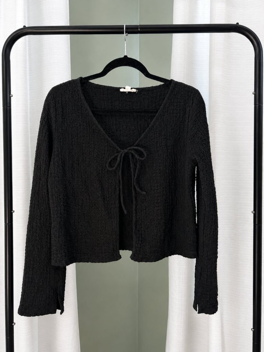 See You Monday Black Textured Tie Front Cardigan Top | XL